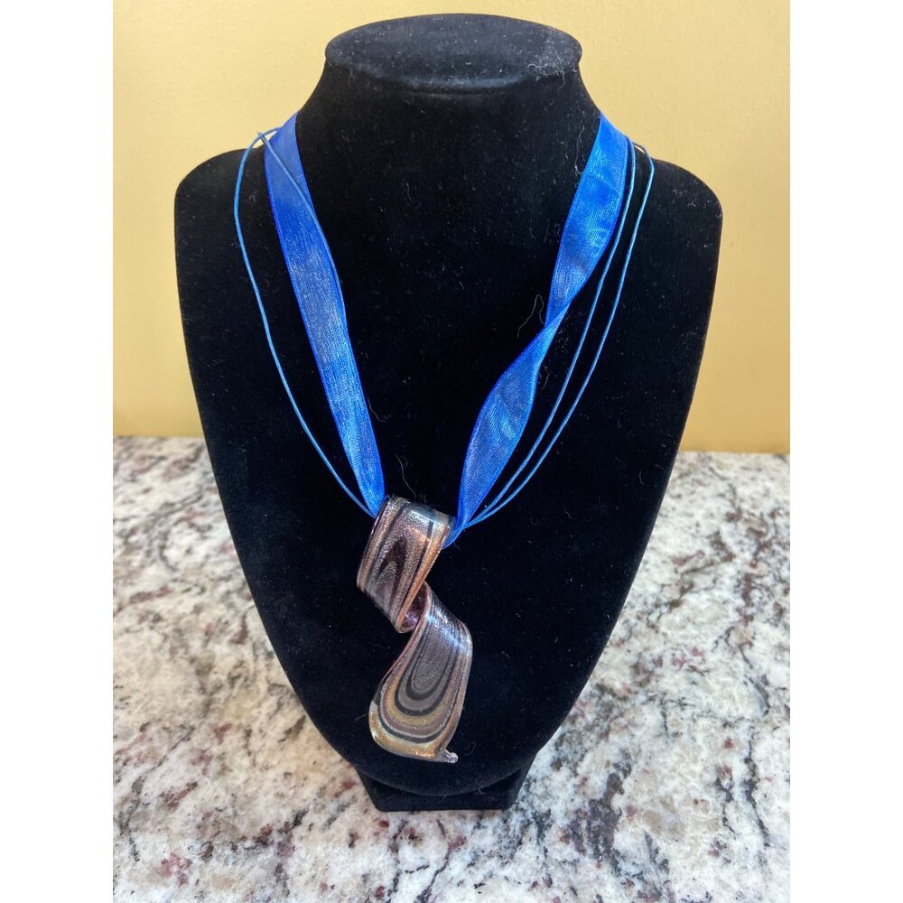 Murano Style Glass Pendant Necklace Purple Gold Swirl Art Ribbon Boho Jewelry